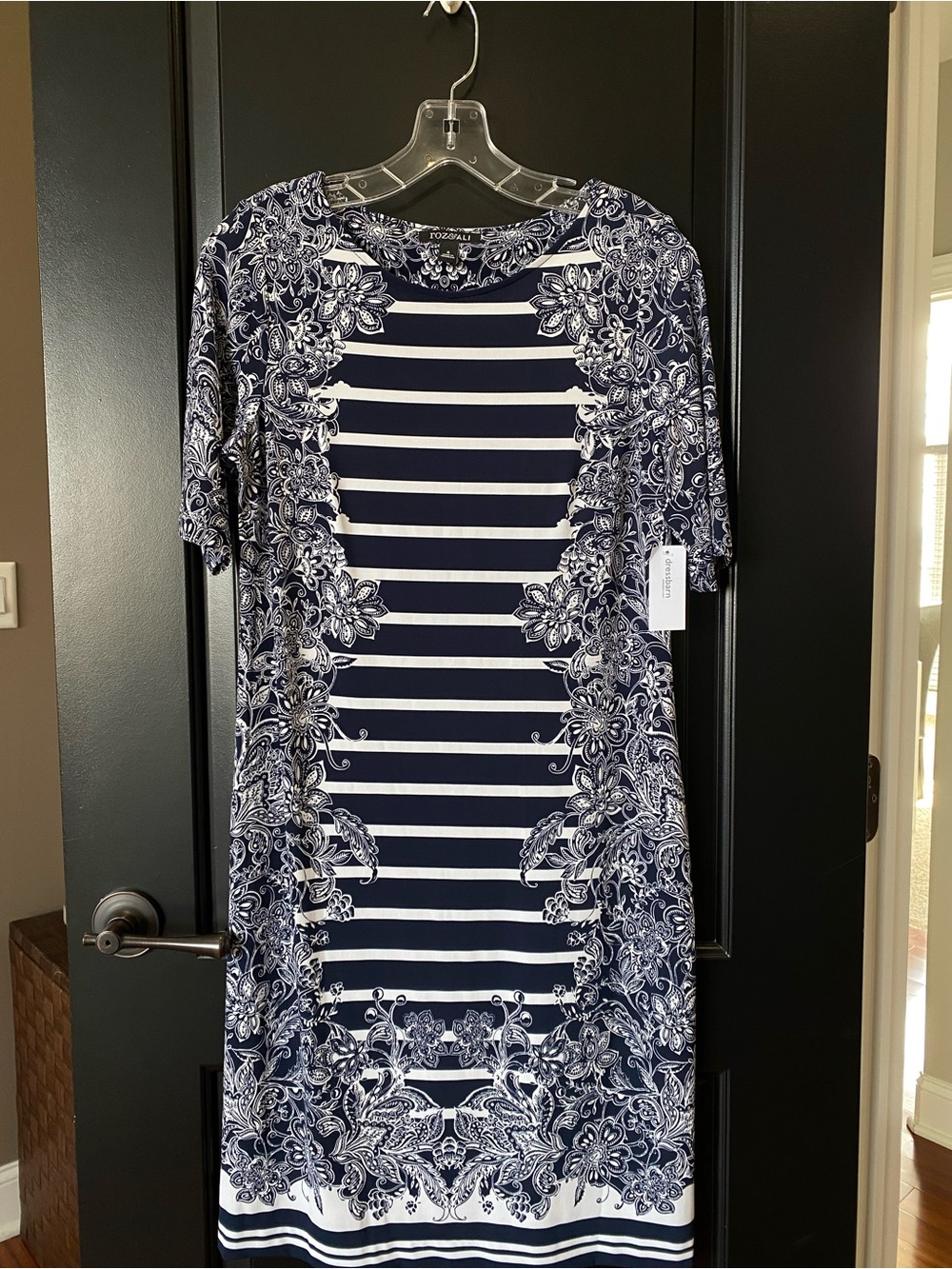 Roz & Ali Navy and White Floral Trim and Stripe Dress